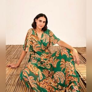 FARM Rio Green Maxi Dress with Peach and Black Banana Print